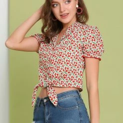 Allegra K Women's Printed Puff Sleeve Camp Collar Button Closure Knot Crop Tops