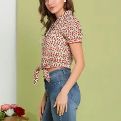 Allegra K Women's Printed Puff Sleeve Camp Collar Button Closure Knot Crop Tops 17 Allegra K Women's Printed Puff Sleeve Camp Collar Button Closure Knot Crop Tops