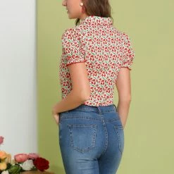 Allegra K Women's Printed Puff Sleeve Camp Collar Button Closure Knot Crop Tops 18 Allegra K Women's Printed Puff Sleeve Camp Collar Button Closure Knot Crop Tops