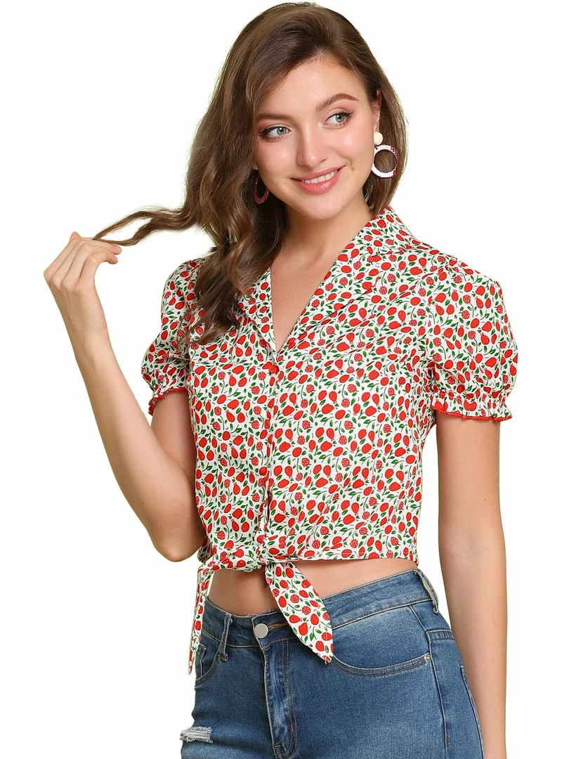 Allegra K Women's Printed Puff Sleeve Camp Collar Button Closure Knot Crop Tops 3 Allegra K Women's Printed Puff Sleeve Camp Collar Button Closure Knot Crop Tops