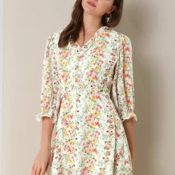 Allegra K Women's Ruffle Floral 3/4 Sleeve A-line V Neck Flare Dress