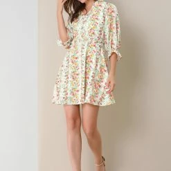 Allegra K Women's Ruffle Floral 3/4 Sleeve A-line V Neck Flare Dress