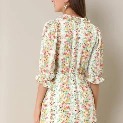 Allegra K Women's Ruffle Floral 3/4 Sleeve A-line V Neck Flare Dress