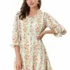 Allegra K Women's Ruffle Floral 3/4 Sleeve A-line V Neck Flare Dress