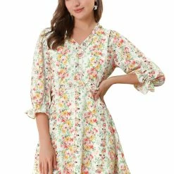 Allegra K Women's Ruffle Floral 3/4 Sleeve A-line V Neck Flare Dress