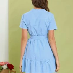 Allegra K Women's Cotton Button Down Shirt Dress Ruffle Collar Neck Belted Hem Short Sleeve Casual Above Knee Shirtdress