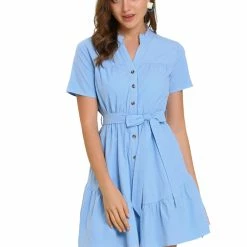 Allegra K Women's Cotton Button Down Shirt Dress Ruffle Collar Neck Belted Hem Short Sleeve Casual Above Knee Shirtdress