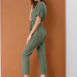 Allegra K Women's Vintage Turndown Collar Button Up Tie Waist Jumpsuit With Pockets