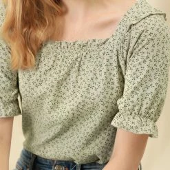 Allegra K Women's Square Neck Puff Sleeve Ruffled Peasant Floral Blouse Top