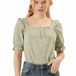 Allegra K Women's Square Neck Puff Sleeve Ruffled Peasant Floral Blouse Top