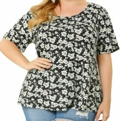 Allegra K Women's Plus Size Top Floral Print Short Sleeve Scoop Neck Summer Tunics