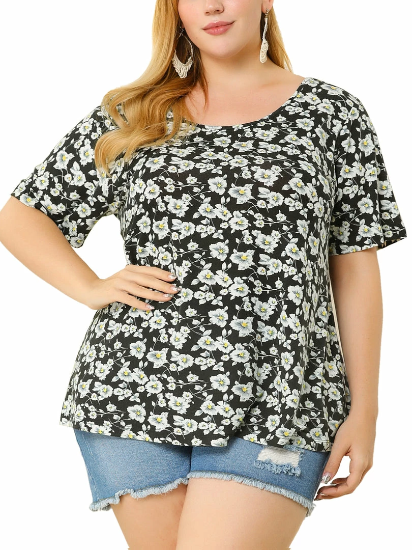 Allegra K Women's Plus Size Top Floral Print Short Sleeve Scoop Neck Summer Tunics 3 Allegra K Women's Plus Size Top Floral Print Short Sleeve Scoop Neck Summer Tunics