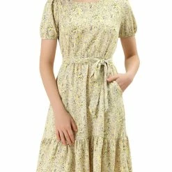 Allegra K Women's Floral Print Short Sleeve Dresses Belted Ruffle Hem Dress With Pockets