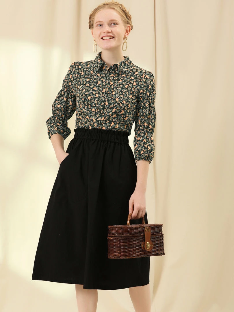 Allegra K Women's Puff 3/4 Sleeves Turndown Collar Button Up Peasant Floral Shirt 4 Allegra K Women's Puff 3/4 Sleeves Turndown Collar Button Up Peasant Floral Shirt