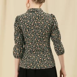 Allegra K Women's Puff 3/4 Sleeves Turndown Collar Button Up Peasant Floral Shirt 18 Allegra K Women's Puff 3/4 Sleeves Turndown Collar Button Up Peasant Floral Shirt