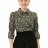 Allegra K Women's Puff 3/4 Sleeves Turndown Collar Button Up Peasant Floral Shirt