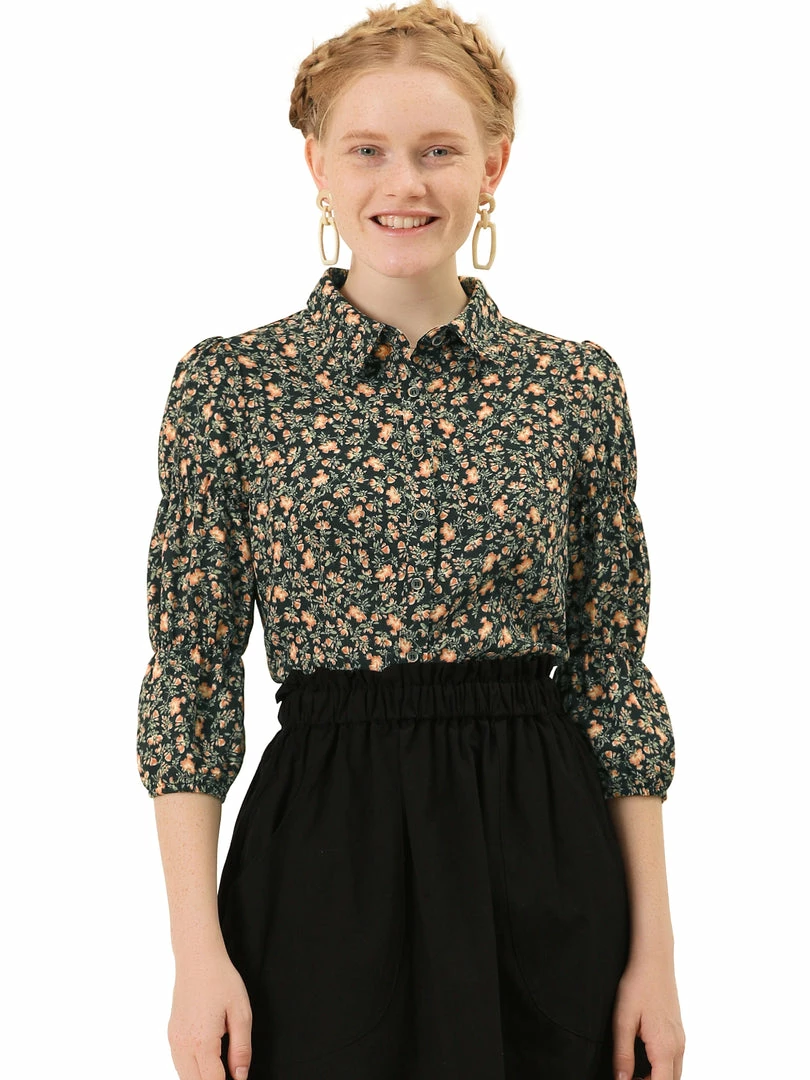 Allegra K Women's Puff 3/4 Sleeves Turndown Collar Button Up Peasant Floral Shirt 3 Allegra K Women's Puff 3/4 Sleeves Turndown Collar Button Up Peasant Floral Shirt