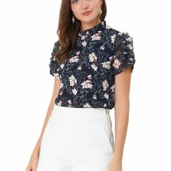 Allegra K Women's Ruffle Neck Tops Frill Trim Short Sleeve Chiffon Floral Print Blouse
