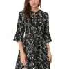 Allegra K Women's Floral Bell 3/4 Sleeves Tie Neck Ruffle Hem Dress