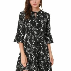 Allegra K Women's Floral Bell 3/4 Sleeves Tie Neck Ruffle Hem Dress