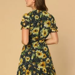 Allegra K Women's Ruffle Collar Split Neck Sunflower Floral Printed Flare Sleeve Tie Waist Belted Dress 18 Allegra K Women's Ruffle Collar Split Neck Sunflower Floral Printed Flare Sleeve Tie Waist Belted Dress