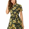 Allegra K Women's Ruffle Collar Split Neck Sunflower Floral Printed Flare Sleeve Tie Waist Belted Dress