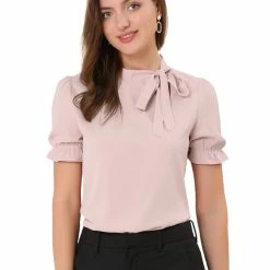 Allegra K Women's Bow Tie Neck Tops Elegant Office Short Sleeve Blouse