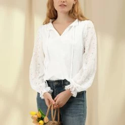 Allegra K Women's Tie Neck Floral Peasant Long Sleeve Blouse Top