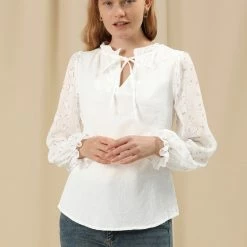 Allegra K Women's Tie Neck Floral Peasant Long Sleeve Blouse Top