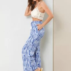 Allegra K Women's Stripe Drawstring Waist Tie Dye Wide Leg Pants