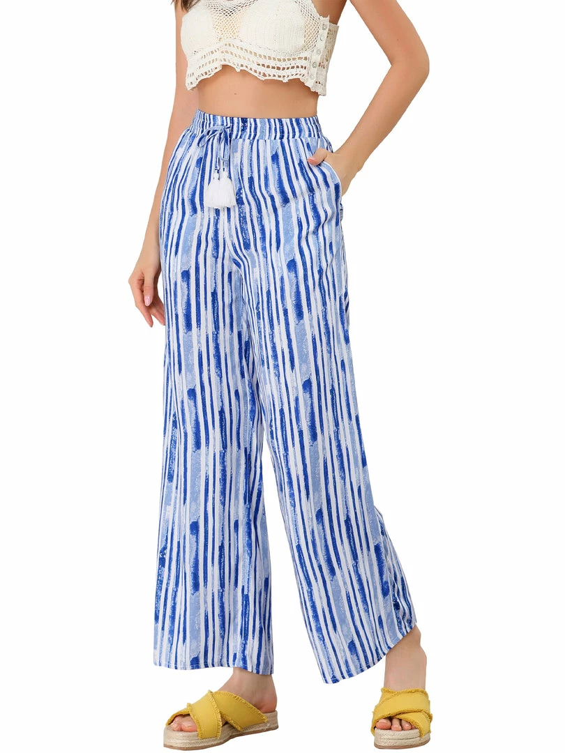 Allegra K Women's Stripe Drawstring Waist Tie Dye Wide Leg Pants 3 Allegra K Women's Stripe Drawstring Waist Tie Dye Wide Leg Pants