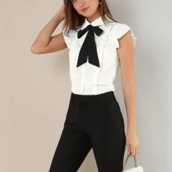 Allegra K Ruffle Short Sleeve Bow Tie Button Up Chiffon Peter Pan Collar Shirt Women