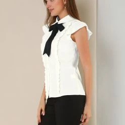 Allegra K Ruffle Short Sleeve Bow Tie Button Up Chiffon Peter Pan Collar Shirt Women 16 Allegra K Ruffle Short Sleeve Bow Tie Button Up Chiffon Peter Pan Collar Shirt Women