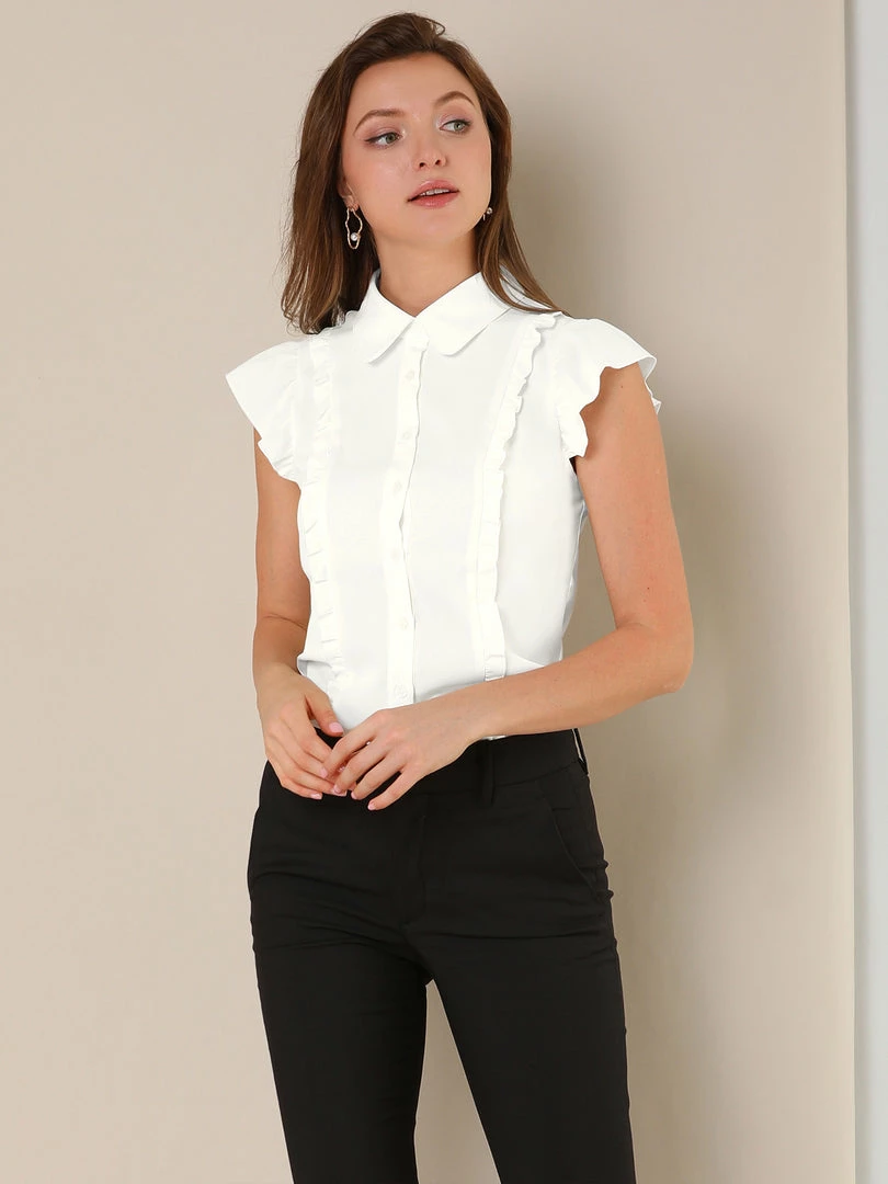 Allegra K Ruffle Short Sleeve Bow Tie Button Up Chiffon Peter Pan Collar Shirt Women 6 Allegra K Ruffle Short Sleeve Bow Tie Button Up Chiffon Peter Pan Collar Shirt Women