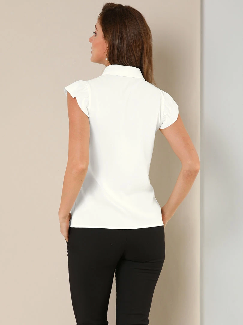 Allegra K Ruffle Short Sleeve Bow Tie Button Up Chiffon Peter Pan Collar Shirt Women 7 Allegra K Ruffle Short Sleeve Bow Tie Button Up Chiffon Peter Pan Collar Shirt Women