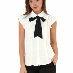 Allegra K Ruffle Short Sleeve Bow Tie Button Up Chiffon Peter Pan Collar Shirt Women