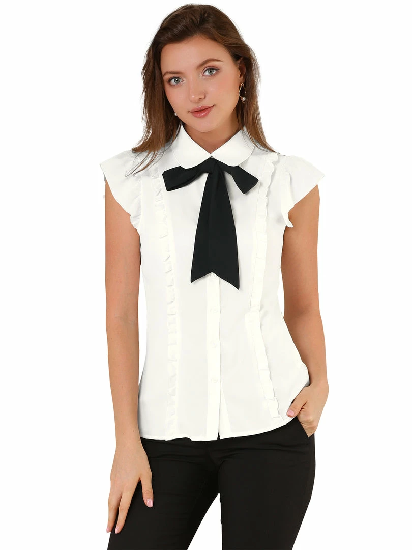 Allegra K Ruffle Short Sleeve Bow Tie Button Up Chiffon Peter Pan Collar Shirt Women 3 Allegra K Ruffle Short Sleeve Bow Tie Button Up Chiffon Peter Pan Collar Shirt Women