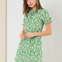 Allegra K Women's Ditsy Floral Ruffled Vintage Puff Sleeve Flare Mini Dress