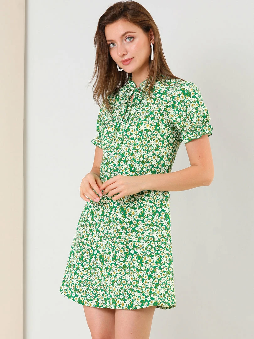 Allegra K Women's Ditsy Floral Ruffled Vintage Puff Sleeve Flare Mini Dress 4 Allegra K Women's Ditsy Floral Ruffled Vintage Puff Sleeve Flare Mini Dress