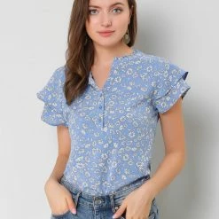 Allegra K Women's Floral Print Top Tiered Sleeve Button Down V Neck Casual Blouse