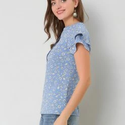 Allegra K Women's Floral Print Top Tiered Sleeve Button Down V Neck Casual Blouse
