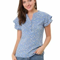 Allegra K Women's Floral Print Top Tiered Sleeve Button Down V Neck Casual Blouse