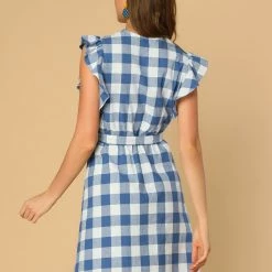 Allegra K Women's Ruffled Sleeve Belted Vintage Check Plaids Dress