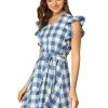 Allegra K Women's Ruffled Sleeve Belted Vintage Check Plaids Dress