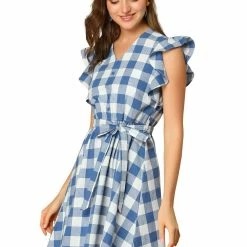 Allegra K Women's Ruffled Sleeve Belted Vintage Check Plaids Dress