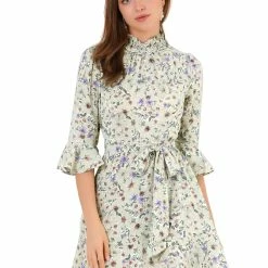 Allegra K Women's Floral 3/4 Bell Sleeve Smocked Belted Flare Ruffle Dress