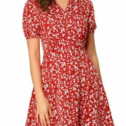 Allegra K Women's Vintage Floral Short Sleeve Camp Collar Button Up A-Line Dress