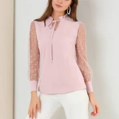 Allegra K Women's Elegant Tie Neck Ruffle Collar Shirts Sheer Mesh Long Sleeve Blouse