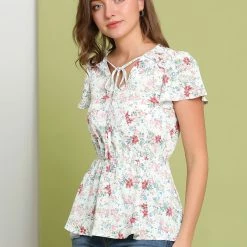 Allegra K Women's Floral Print Short Sleeves High Waist Tie Neck Peplum Top