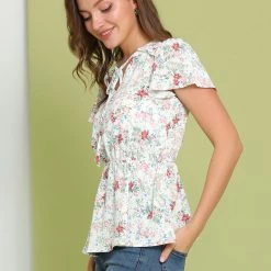 Allegra K Women's Floral Print Short Sleeves High Waist Tie Neck Peplum Top